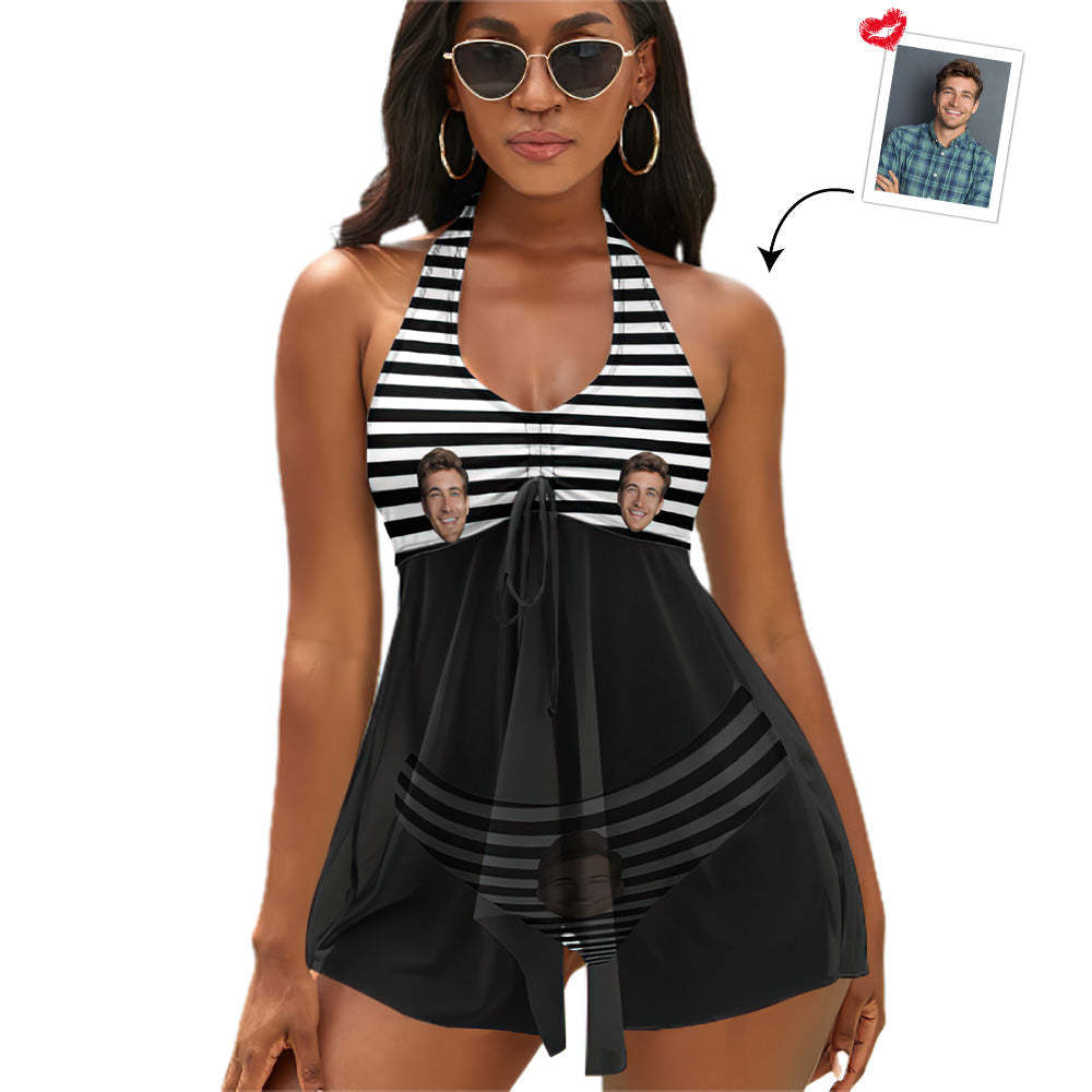 Custom Face Boyfriend Women's Strappy Neck Dress Swimsuit - Stripe - MyFaceBoxer