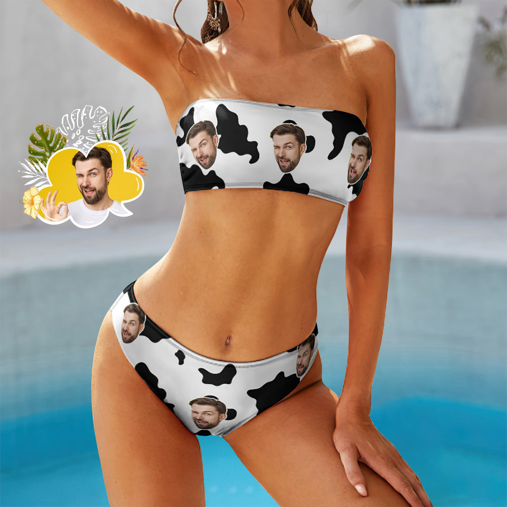 Custom Face Bikini swimming costume Bandeaukini Gift For Her - Cow Print Black and White - MyFaceBoxer