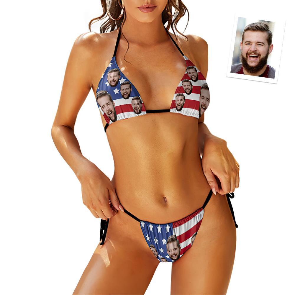 Custom Face Swimming Suit Sexy Strappy Bikini Star Flag - MyFaceBoxer