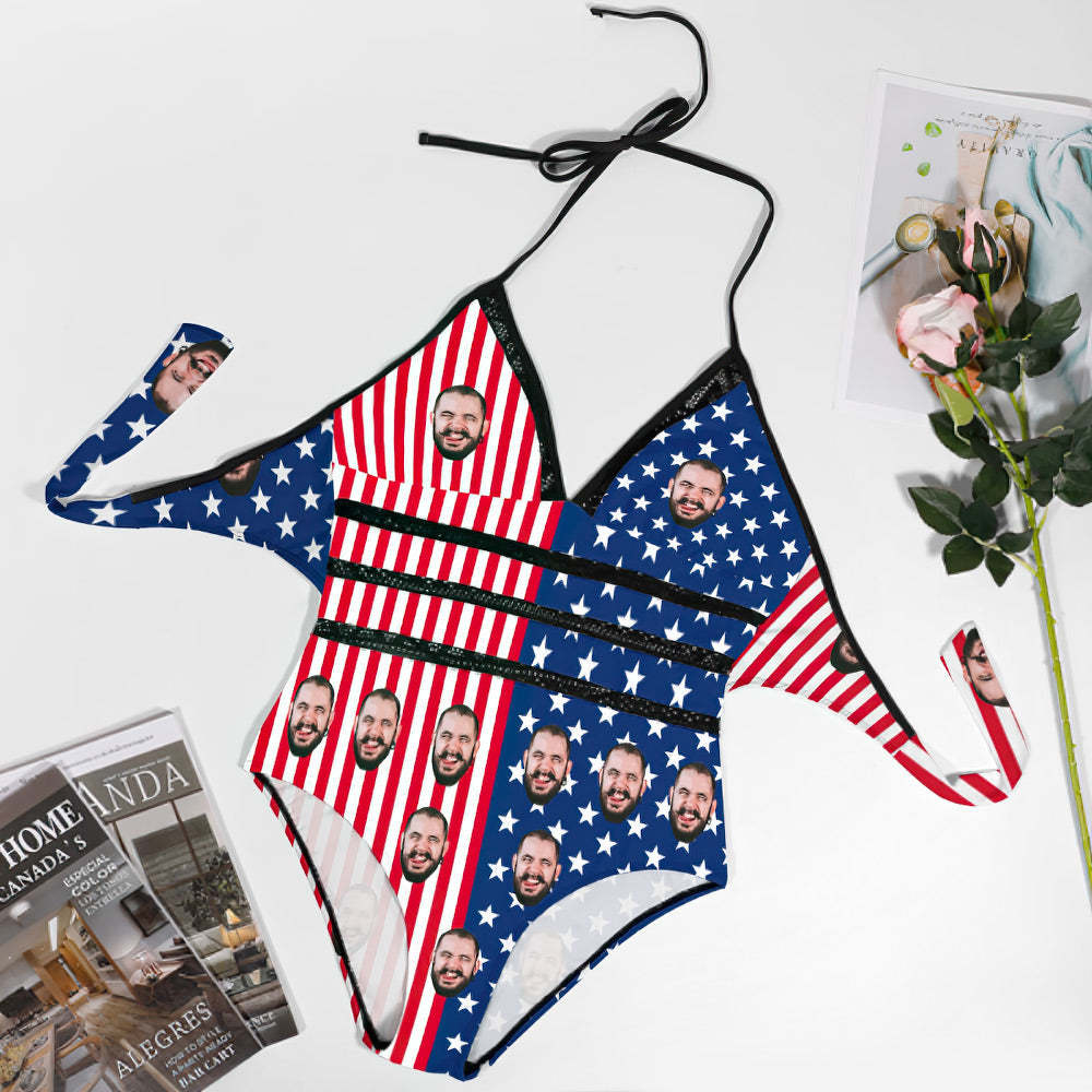 Custom Face Swimsuit Sexy Bathing Suits for Plus Size Women - American Flag - MyFaceBoxer
