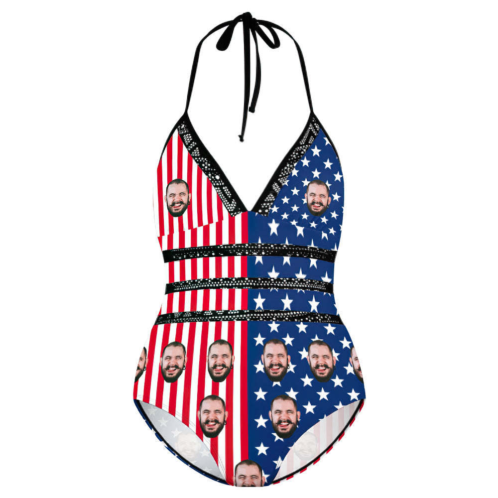 Custom Face Swimsuit Sexy Bathing Suits for Plus Size Women - American Flag - MyFaceBoxer