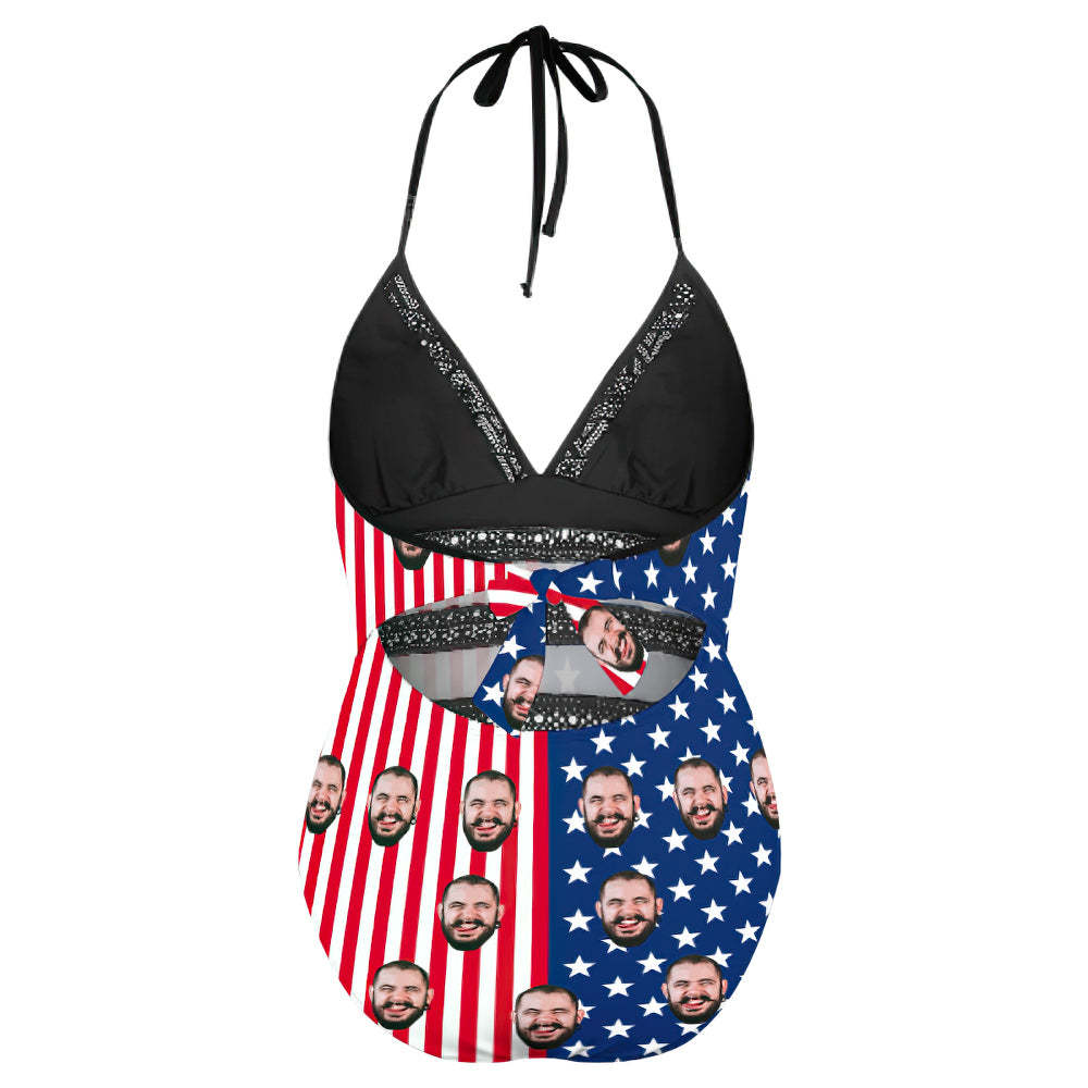Custom Face Swimsuit Sexy Bathing Suits for Plus Size Women - American Flag - MyFaceBoxer