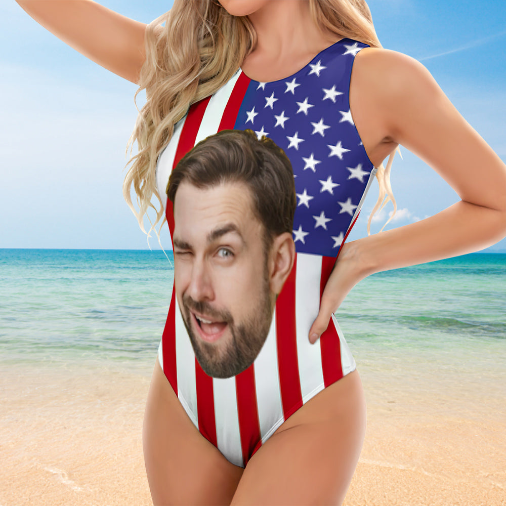 Custom Face USA Swimsuit Personalized Bathing Suit Vest Bodysuit Swimsuit for Women - MyFaceBoxer