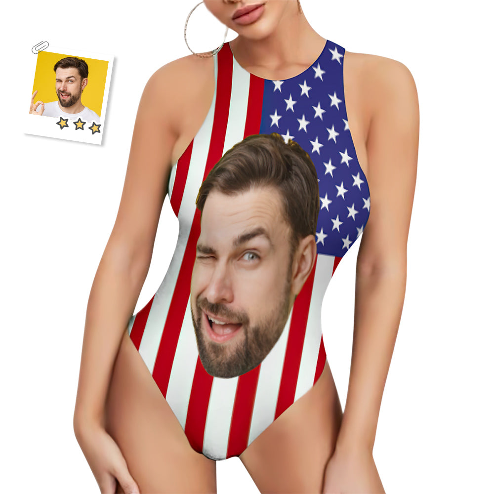 Custom Face USA Swimsuit Personalized Bathing Suit Vest Bodysuit Swimsuit for Women - MyFaceBoxer