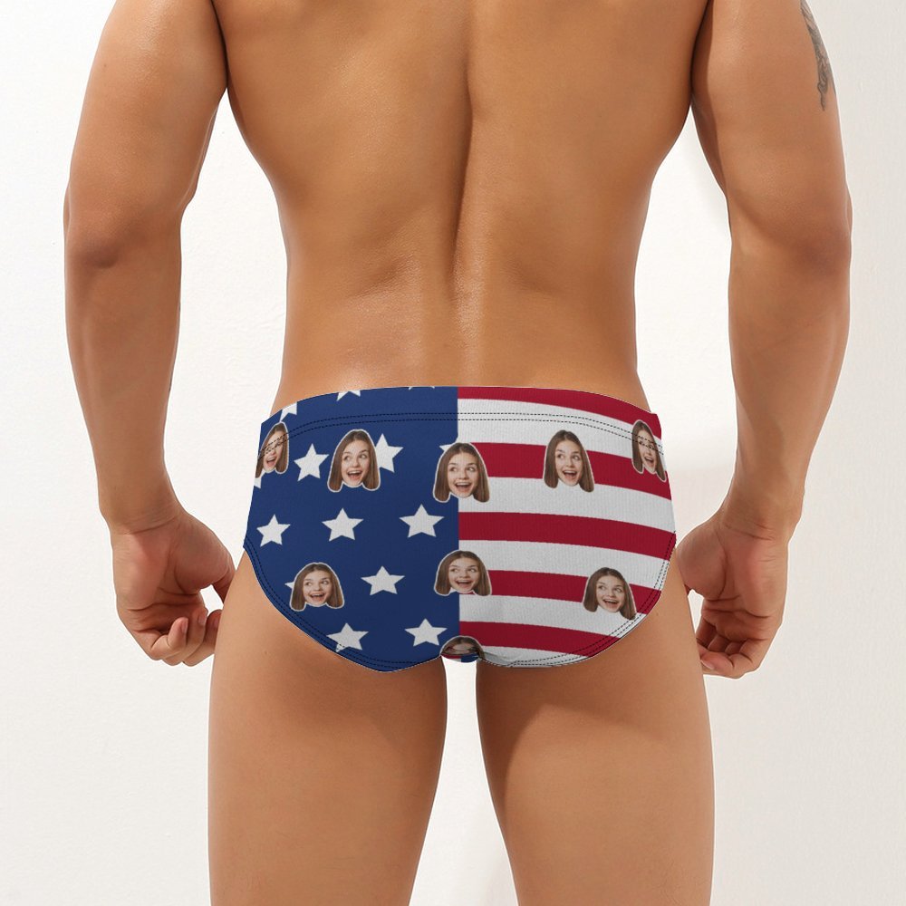 Custom Face Men's Swimming Trunks Personalised America Flag Triangle Swim Briefs - MyFaceBoxerAU