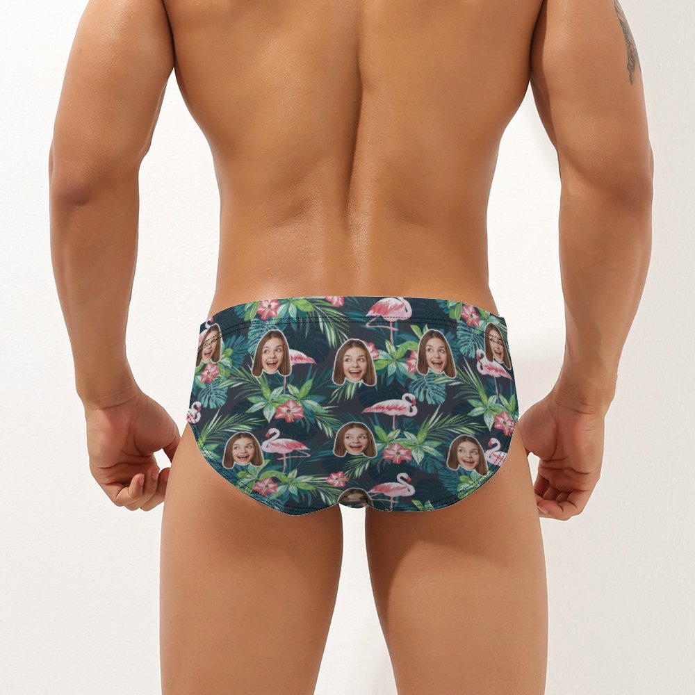 Custom Face Hawaiian Style Men's Swimming Trunks Personalised Flamingo Triangle Swim Briefs - MyFaceBoxerAU