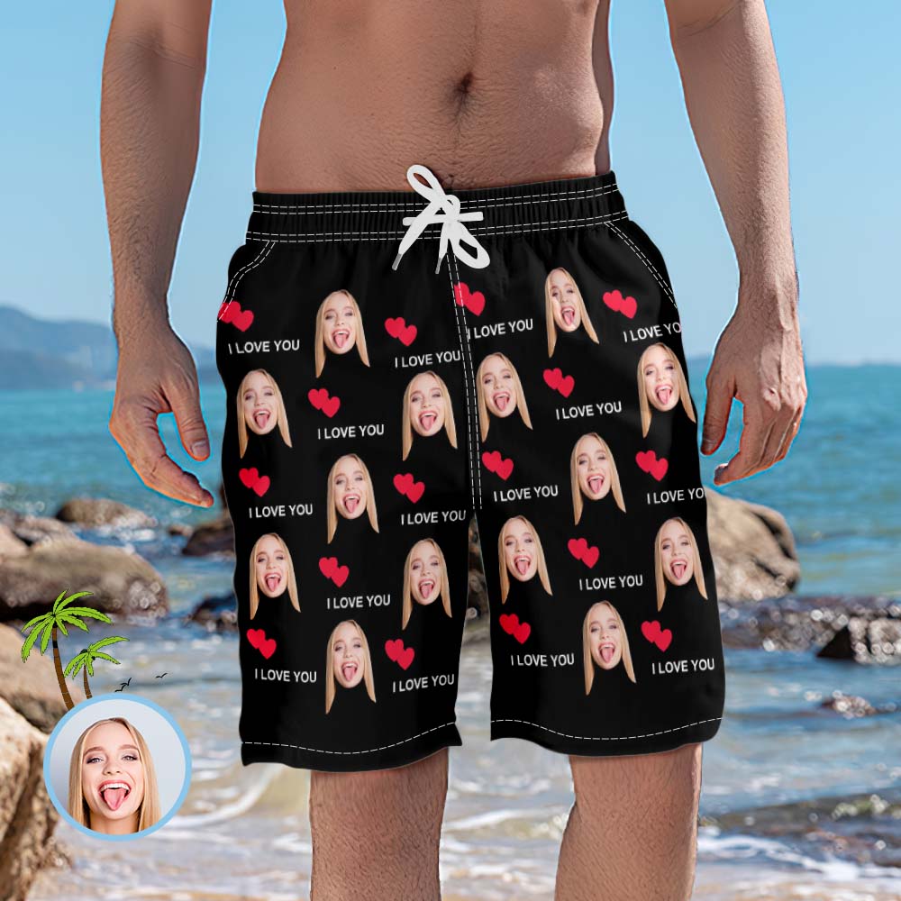 Custom Face I Love You Red Heart Men's Beach Shorts - MyFaceBoxerAU