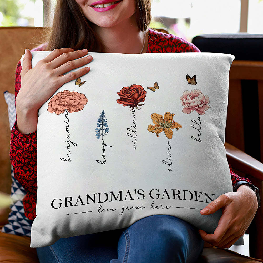 Personalized Birth Flower Pillow Grandma's Garden Love Grows Here Throw Pillow Mother's Day Gift - MyFaceBoxer