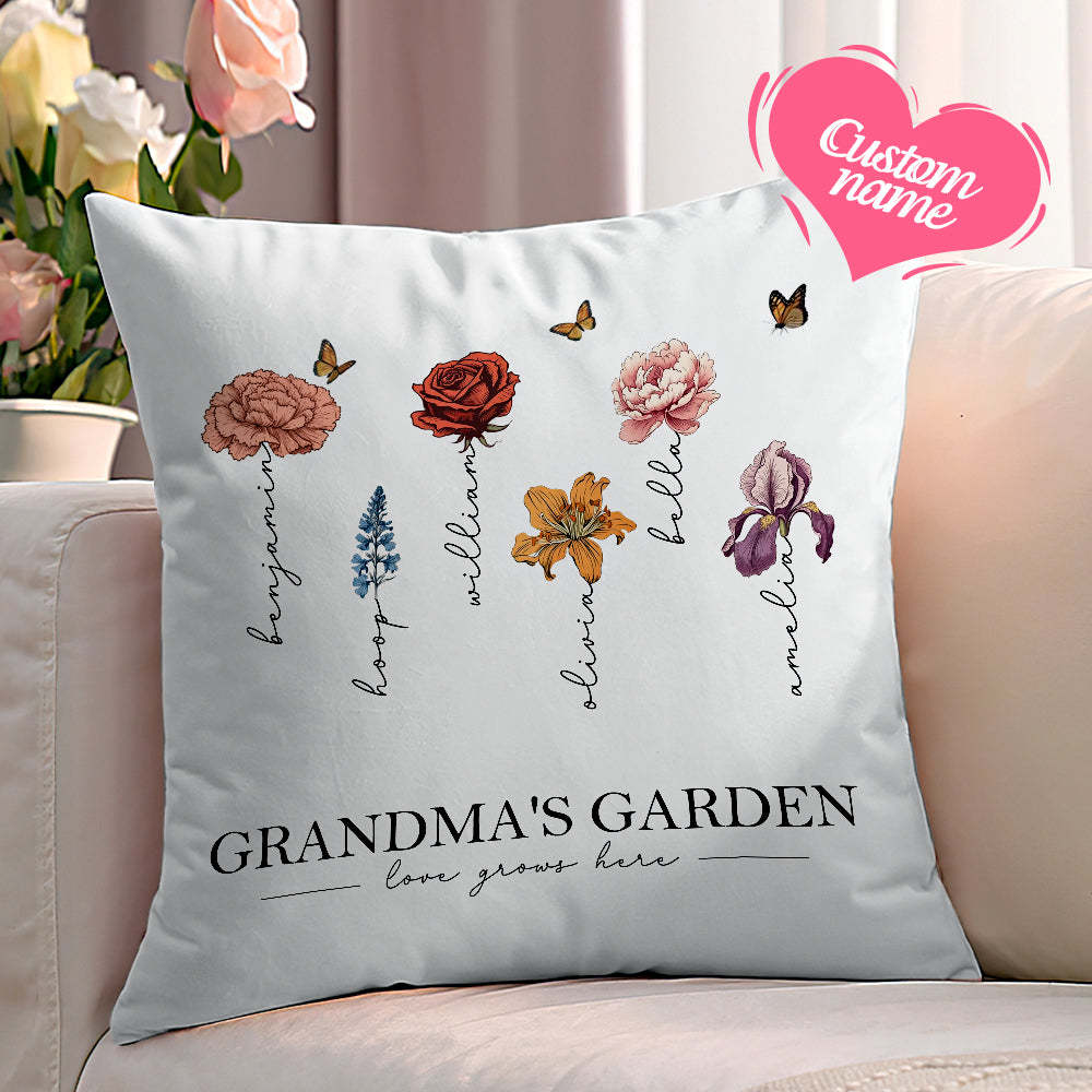 Personalized Birth Flower Pillow Grandma's Garden Love Grows Here Throw Pillow Mother's Day Gift - MyFaceBoxer