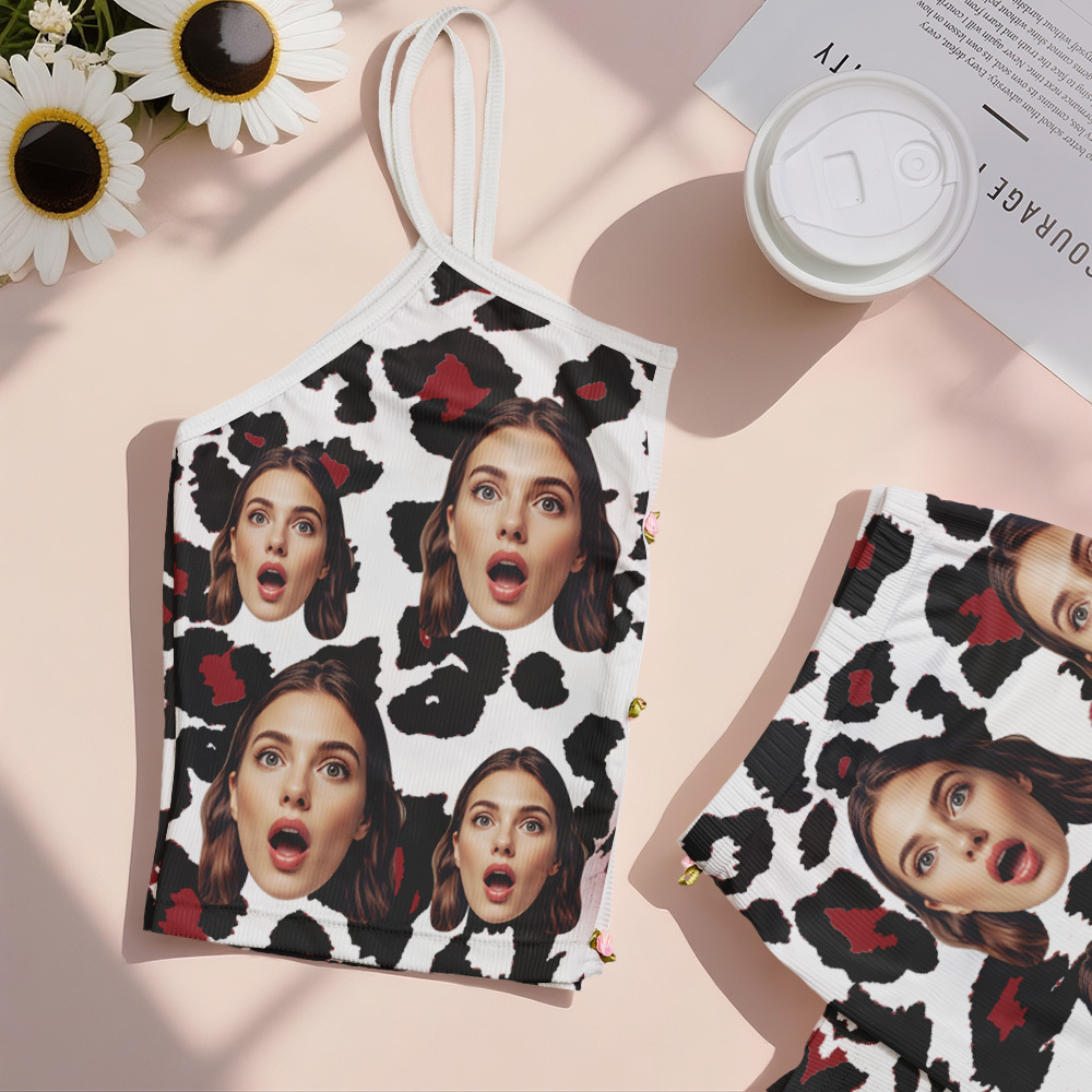 Valentine's Gifts Custom Face Appliques Notched Neckline Lingerie Set Leopard Print - MyfaceboxerAU
