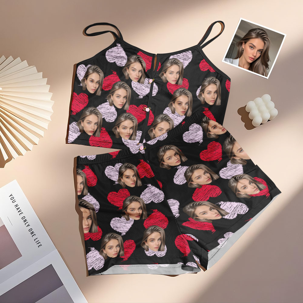 Valentine's Gifts Custom Face Appliques Notched Neckline Lingerie Set Red and Pink Heart - MyfaceboxerAU