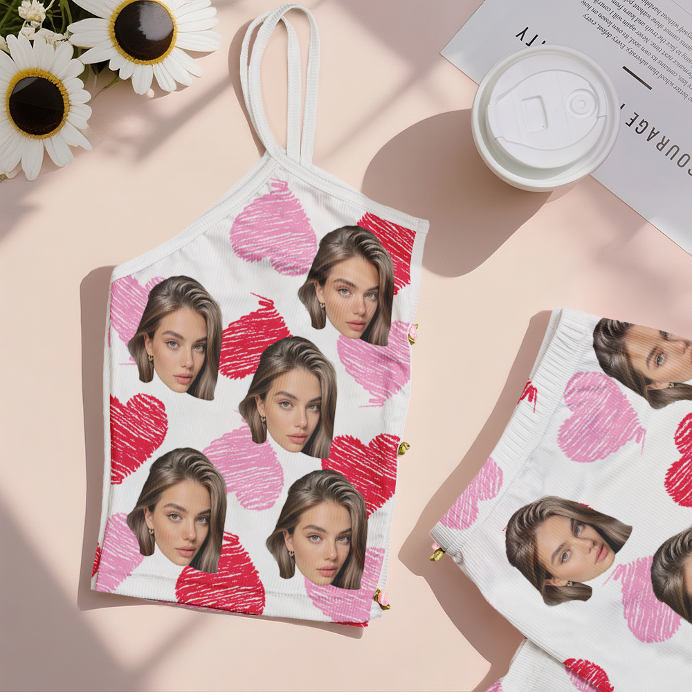 Valentine's Gifts Custom Face Appliques Notched Neckline Lingerie Set Red and Pink Heart - MyfaceboxerAU