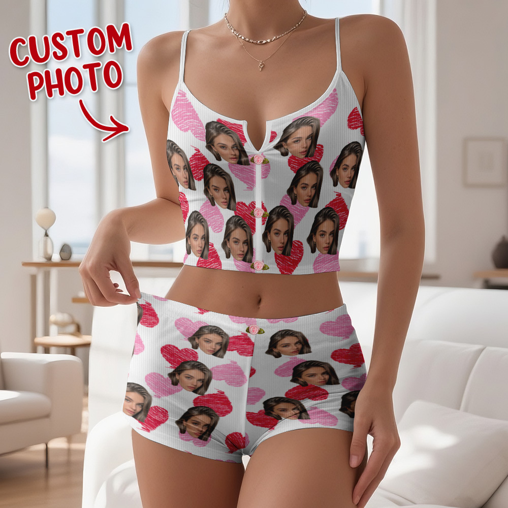 Valentine's Gifts Custom Face Appliques Notched Neckline Lingerie Set Red and Pink Heart - MyfaceboxerAU