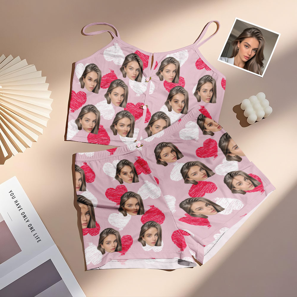 Valentine's Gifts Custom Face Appliques Notched Neckline Lingerie Set Red and Pink Heart - MyfaceboxerAU