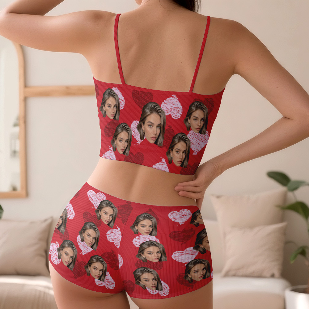 Valentine's Gifts Custom Face Appliques Notched Neckline Lingerie Set Red and Pink Heart - MyfaceboxerAU