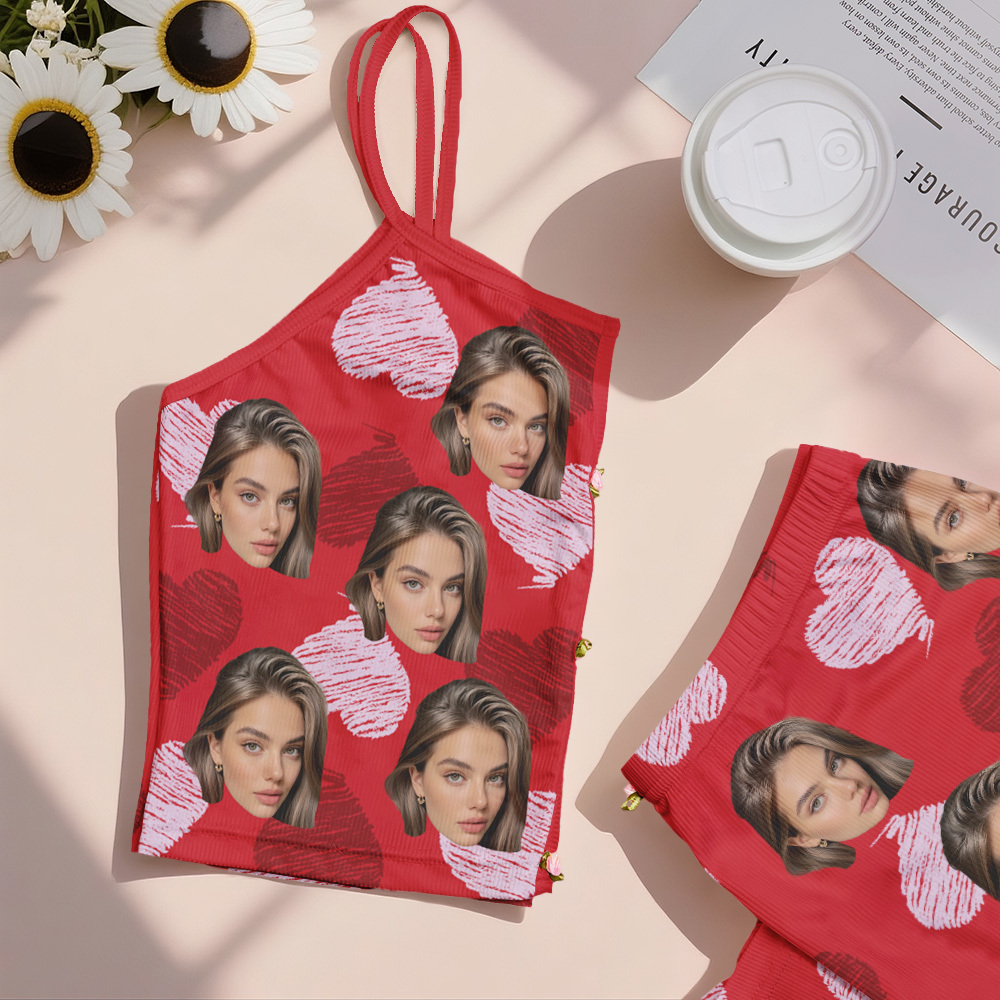 Valentine's Gifts Custom Face Appliques Notched Neckline Lingerie Set Red and Pink Heart - MyfaceboxerAU