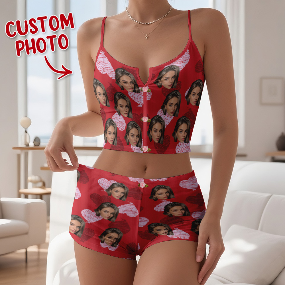 Valentine's Gifts Custom Face Appliques Notched Neckline Lingerie Set Red and Pink Heart - MyfaceboxerAU