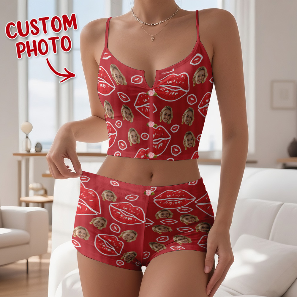 Valentine's Gifts Custom Face Appliques Notched Neckline Lingerie Set Red Lips - MyfaceboxerAU