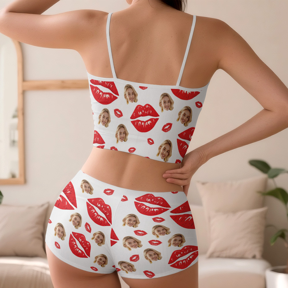 Valentine's Gifts Custom Face Appliques Notched Neckline Lingerie Set Red Lips - MyfaceboxerAU