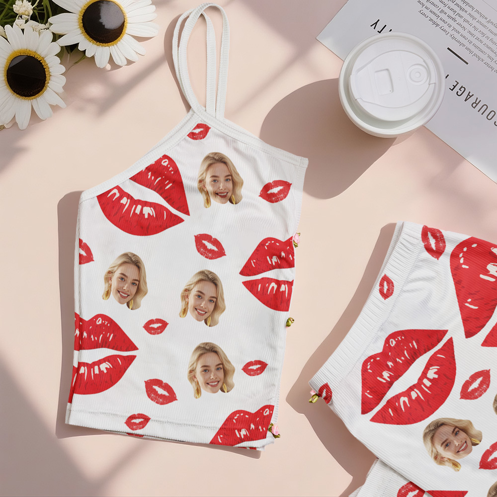 Valentine's Gifts Custom Face Appliques Notched Neckline Lingerie Set Red Lips - MyfaceboxerAU
