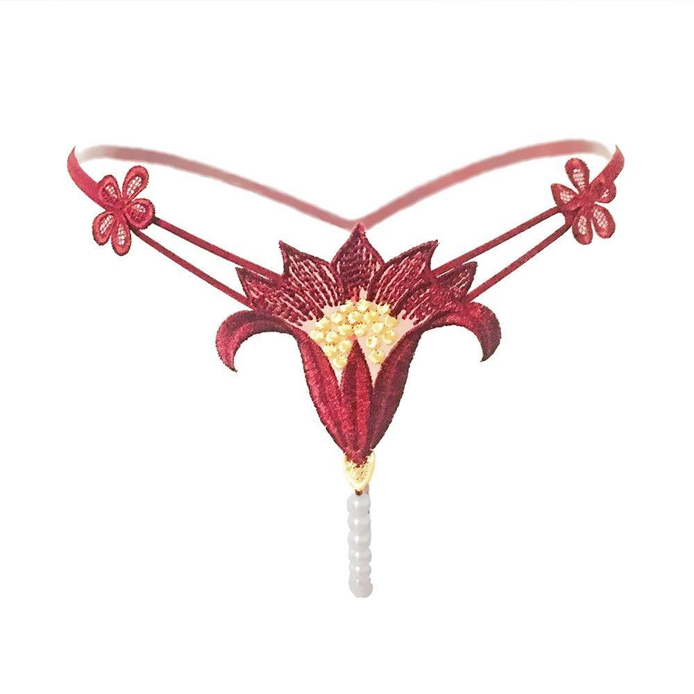 Pearl Thong Underwear - Low Rise Erotic Temptation Panty Flower Beading One Size Panties