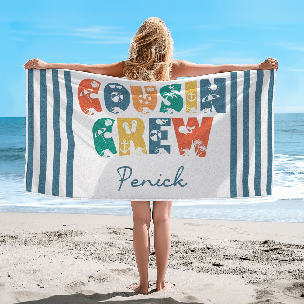 Personalized Cousin Crew Beach Towel, Custom Name Pool Bath Towel, Cou