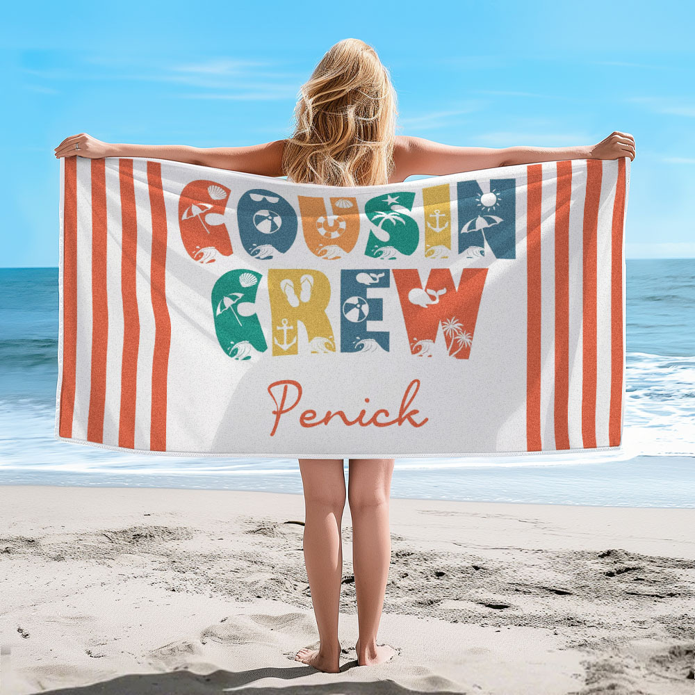 Personalized Cousin Crew Beach Towel, Custom Name Pool Bath Towel, Cousin Vacation Trip Gift - MyFaceBoxer