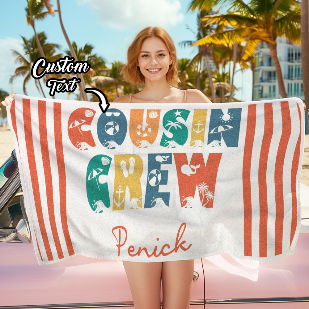 Personalized Cousin Crew Beach Towel, Custom Name Pool Bath Towel, Cousin Vacation Trip Gift - MyFaceBoxer