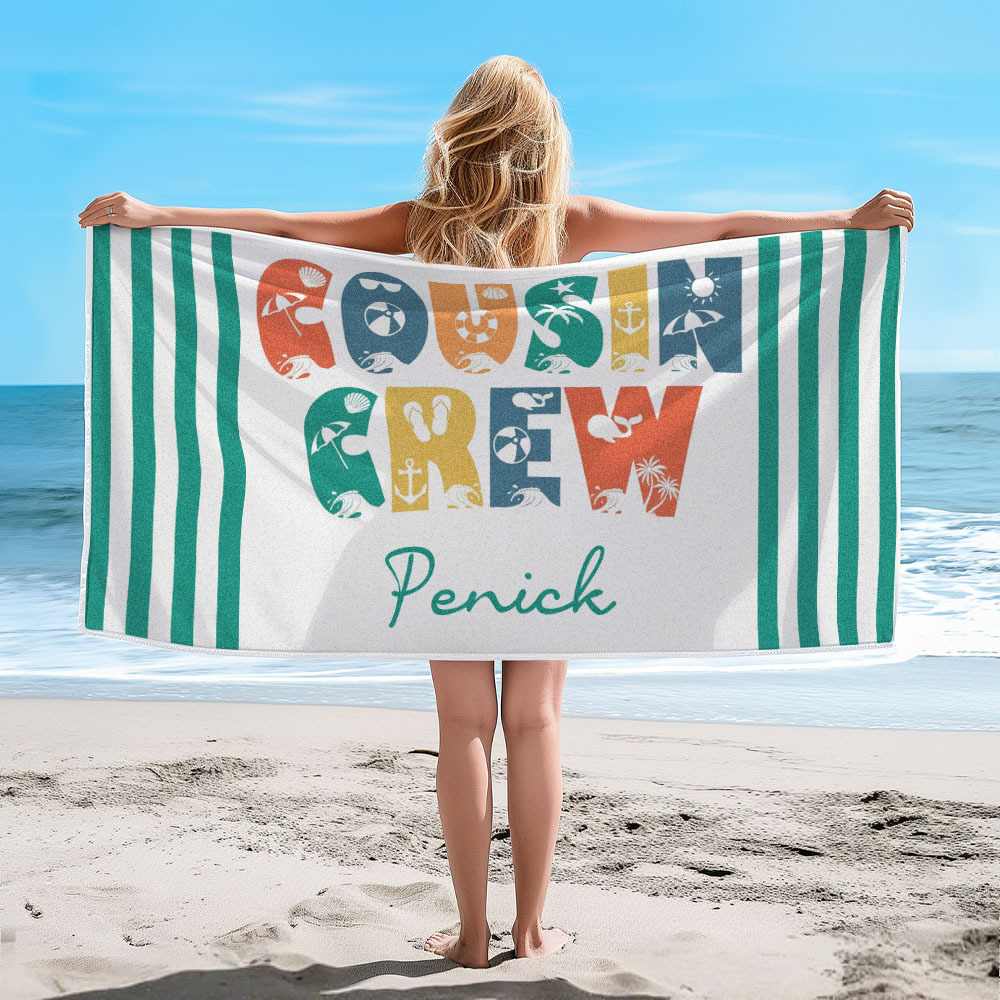 Personalized Cousin Crew Beach Towel, Custom Name Pool Bath Towel, Cousin Vacation Trip Gift - MyFaceBoxer