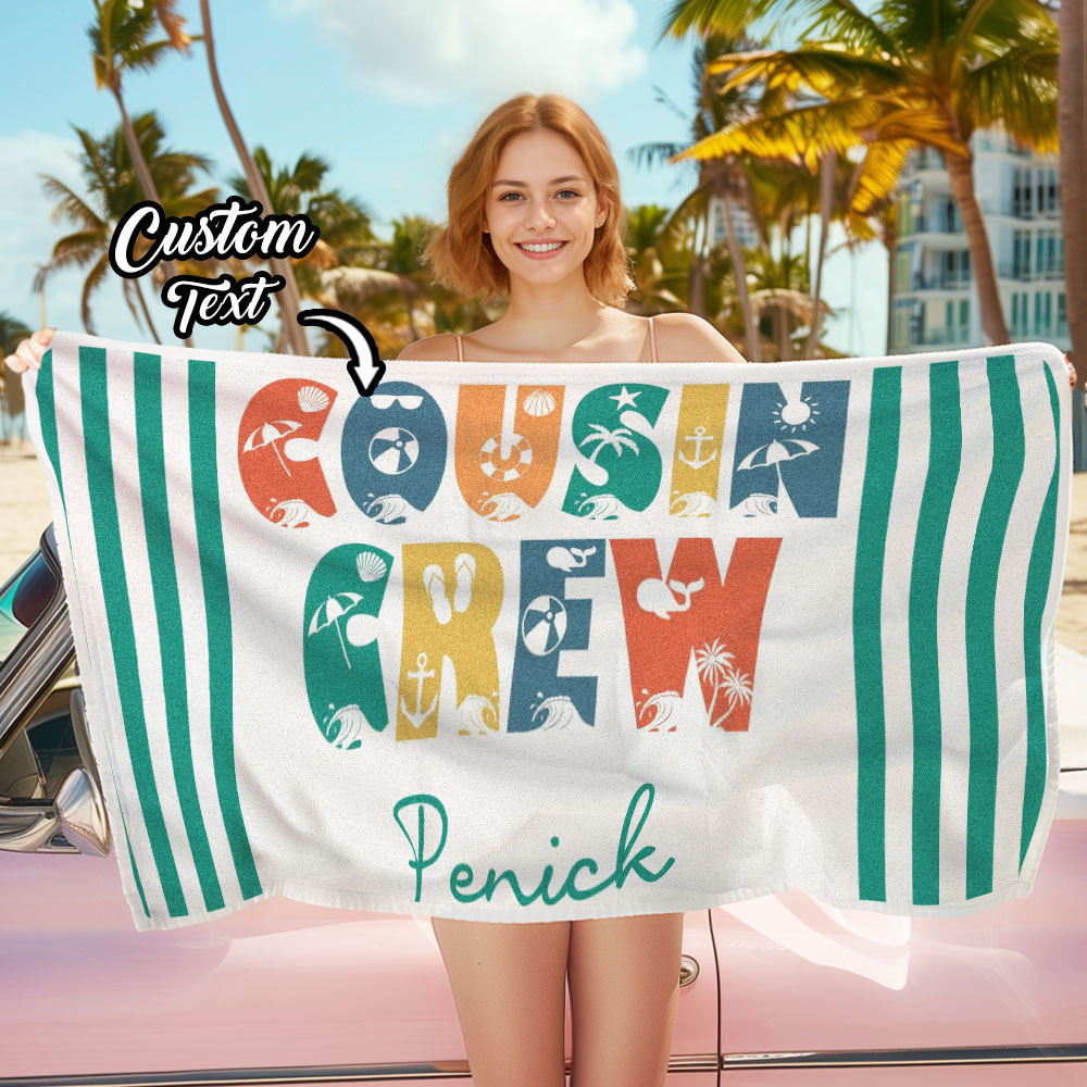 Personalized Cousin Crew Beach Towel, Custom Name Pool Bath Towel, Cousin Vacation Trip Gift - MyFaceBoxer