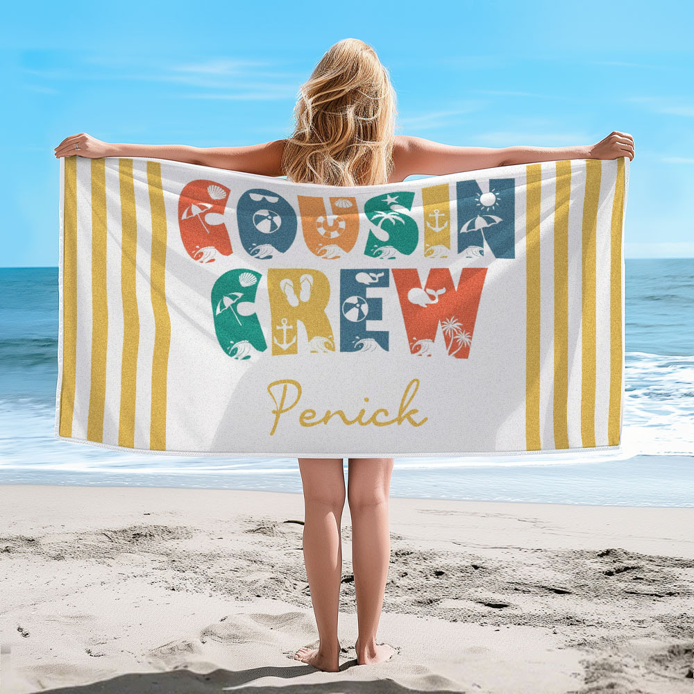 Personalized Cousin Crew Beach Towel, Custom Name Pool Bath Towel, Cousin Vacation Trip Gift - MyFaceBoxer