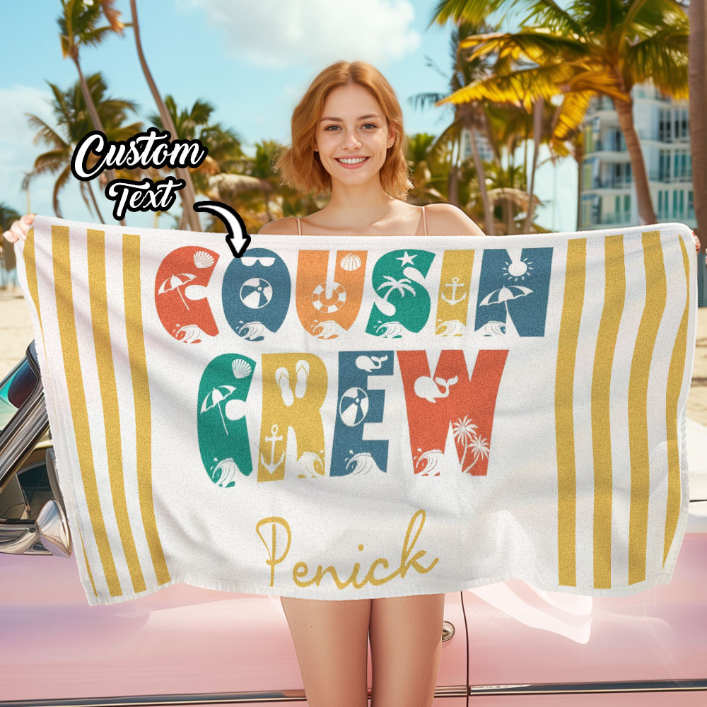 Personalized Cousin Crew Beach Towel, Custom Name Pool Bath Towel, Cousin Vacation Trip Gift - MyFaceBoxer