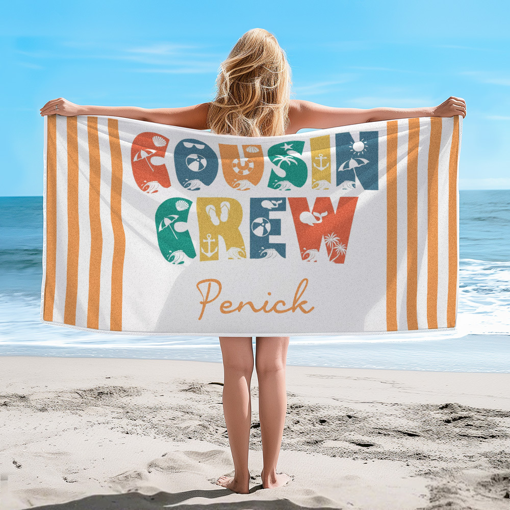 Personalized Cousin Crew Beach Towel, Custom Name Pool Bath Towel, Cousin Vacation Trip Gift - MyFaceBoxer