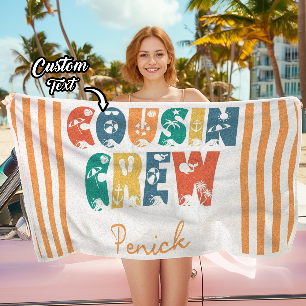Personalized Cousin Crew Beach Towel, Custom Name Pool Bath Towel, Cousin Vacation Trip Gift - MyFaceBoxer