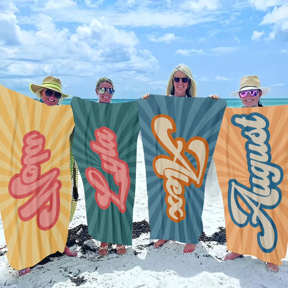 RETRO Style Personalized Beach Towel Personalized Name Bath Towel Custom Beach Towel With Name Outside Birthday Vacation Gift - MyFaceBoxer