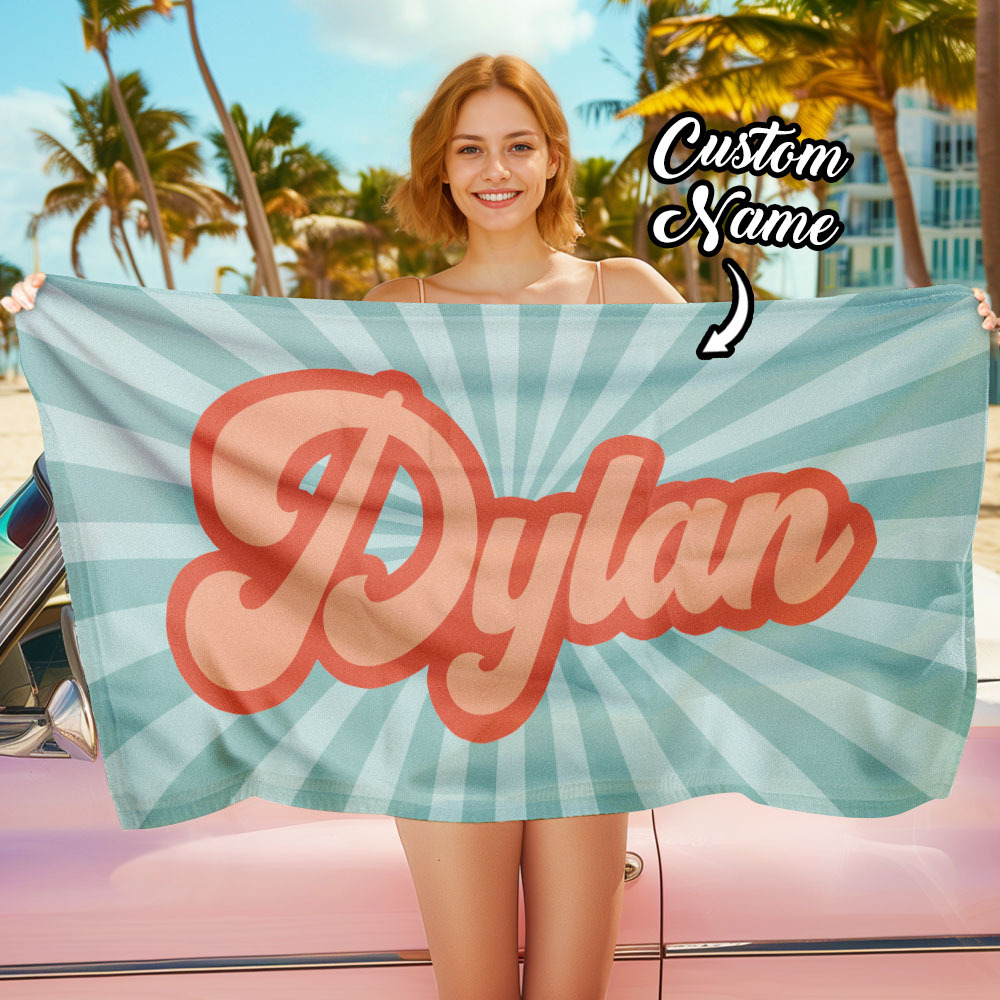 RETRO Style Personalized Beach Towel Personalized Name Bath Towel Custom Beach Towel With Name Outside Birthday Vacation Gift - MyFaceBoxer