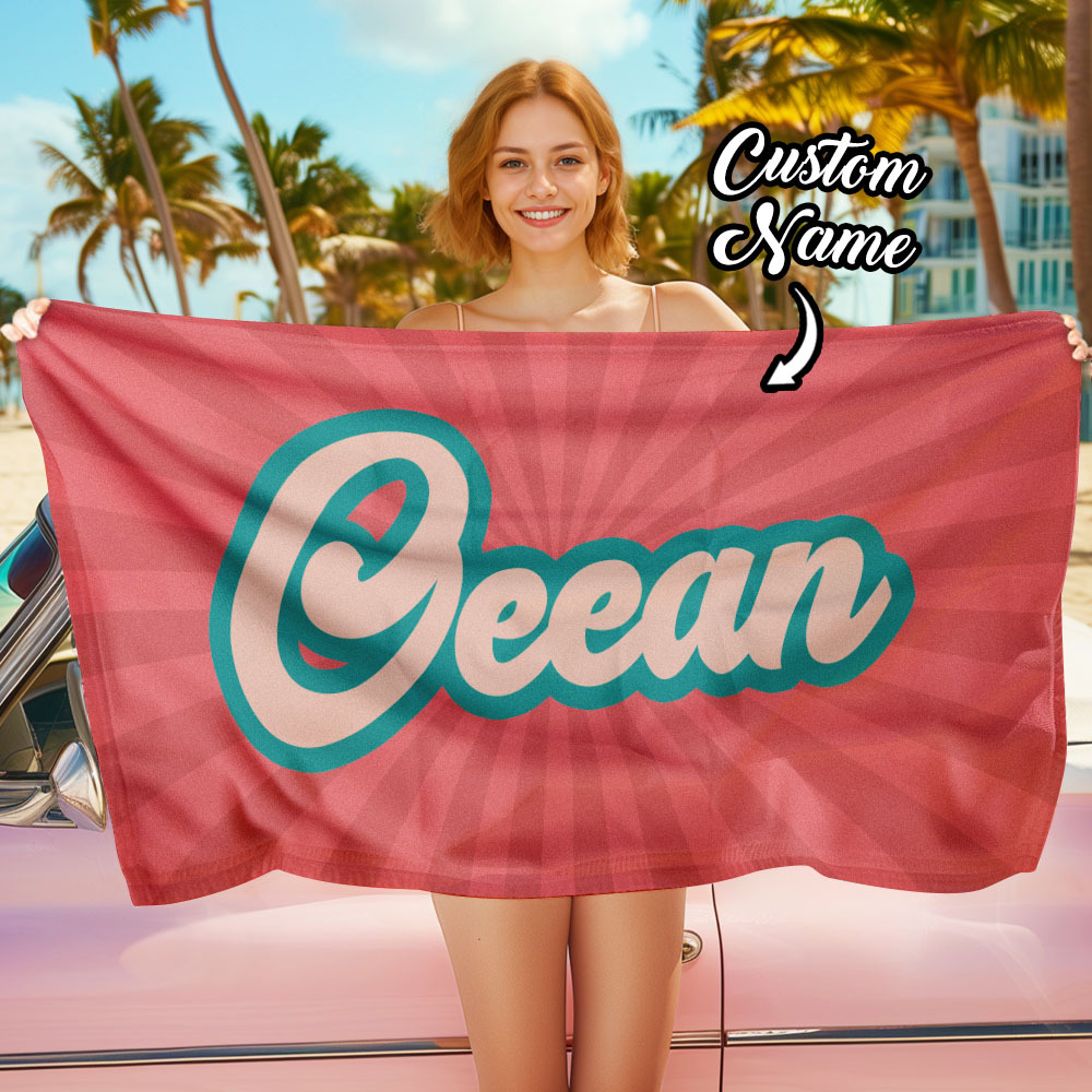 RETRO Style Personalized Beach Towel Personalized Name Bath Towel Custom Beach Towel With Name Outside Birthday Vacation Gift - MyFaceBoxer