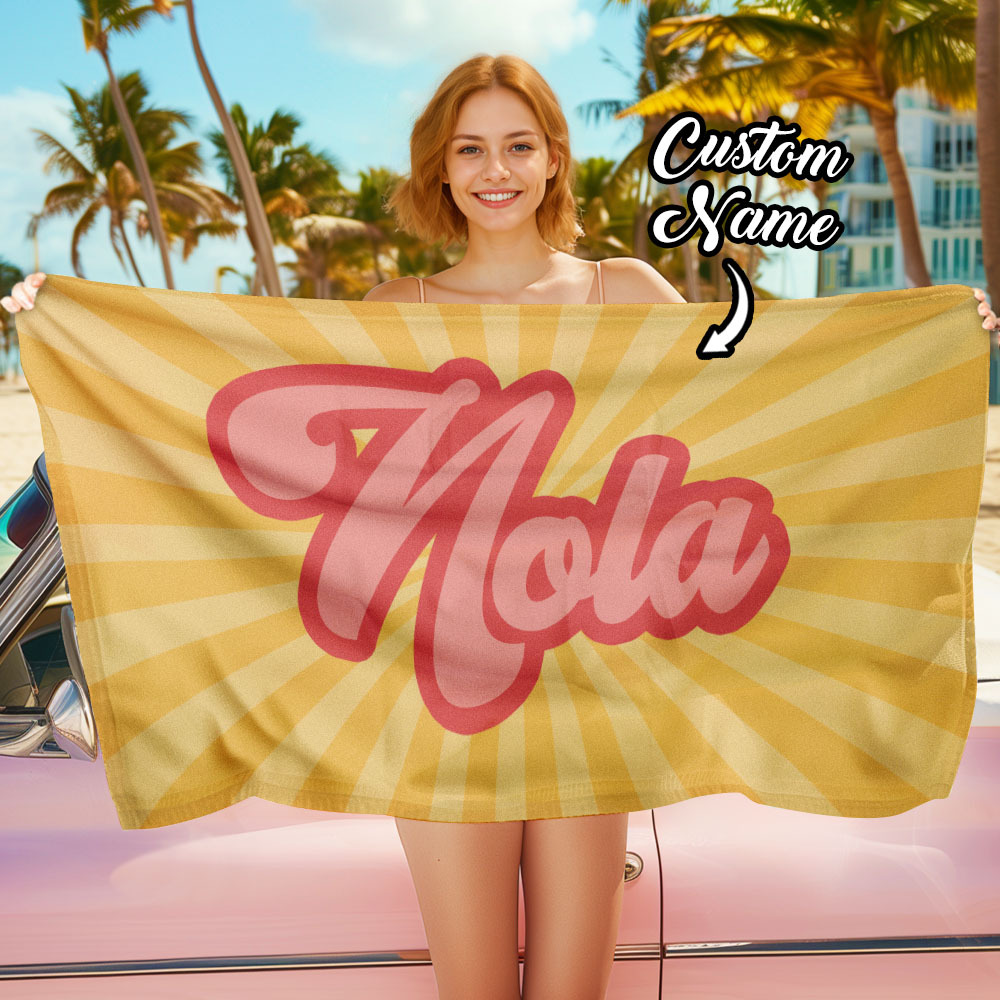 RETRO Style Personalized Beach Towel Personalized Name Bath Towel Custom Beach Towel With Name Outside Birthday Vacation Gift - MyFaceBoxer
