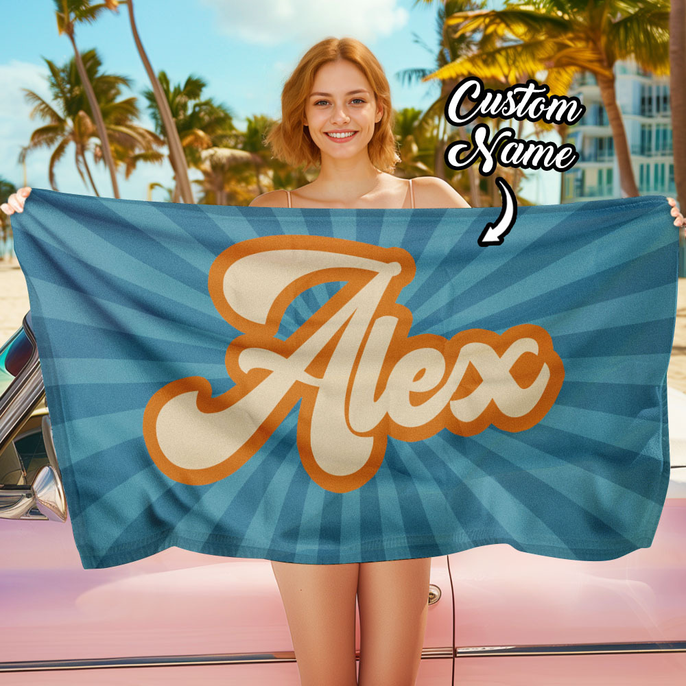 RETRO Style Personalized Beach Towel Personalized Name Bath Towel Custom Beach Towel With Name Outside Birthday Vacation Gift - MyFaceBoxer