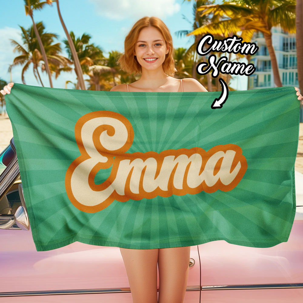 RETRO Style Personalized Beach Towel Personalized Name Bath Towel Custom Beach Towel With Name Outside Birthday Vacation Gift - MyFaceBoxer