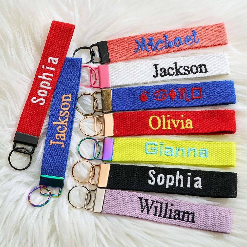 Personalized Key Fob Keychain | Custom Embroidered Name Keychain Strap | Custom Text Wrist Lanyard