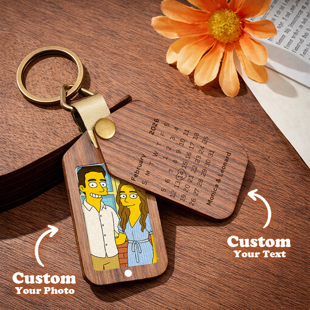 Personalised Wooden Cartoon Style Photo Keychain Customized Date Gift for Couple - MyfaceboxerAU