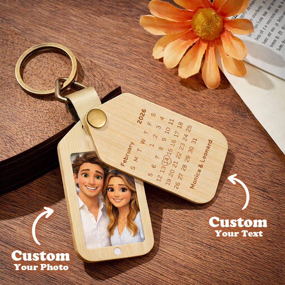 Personalised Wooden Cartoon Style Photo Keychain Customized Date Gift for Couple