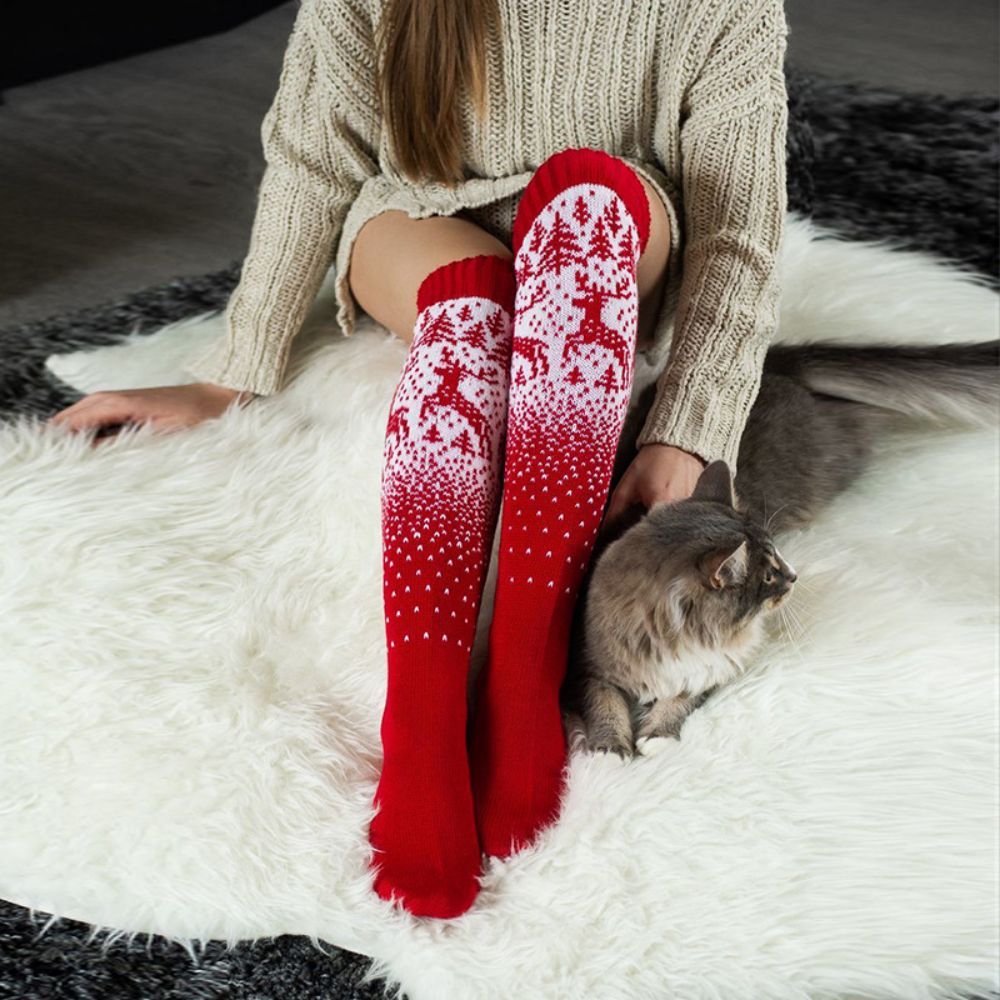 Women Winter Leg Warmers Knit Socks Christmas Elk Red Long Wool Over The Knee Pile Socks - MyFaceBoxerAU