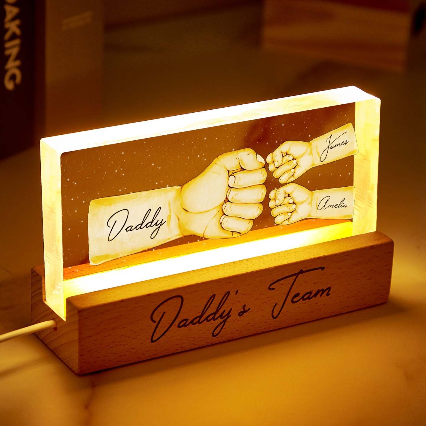 Custom Acrylic LED Night Light Personalized Daddy's Team Fist Bump Father's Day Gift For Dad - MyFaceBoxerAU