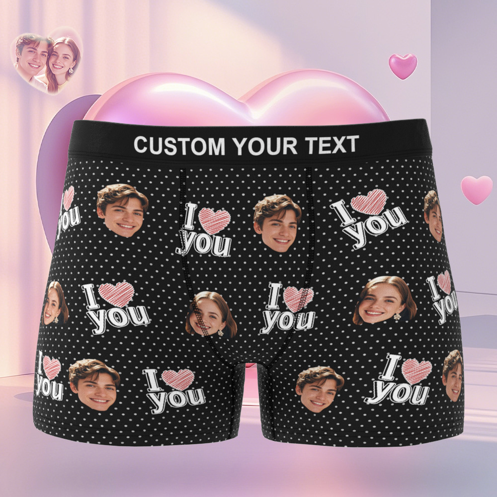 Personalized Face Men's Boxer Black Underwear Gifts for Husband I Love You Heart Men Face Boxer - MyfaceboxerAU