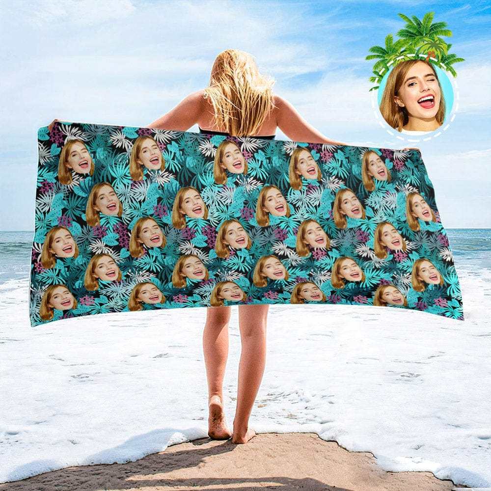 Personalized Beach Towels with Photo Custom Sunset and Coconut Trees Beach Towel - MyFaceBoxer