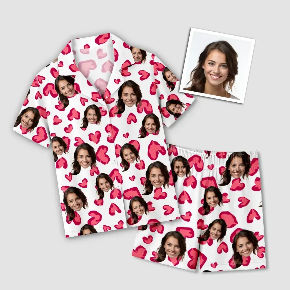 Custom Face Short Sleeve Pajamas Custom Red Heart Photo Pajamas Suit - MyfaceboxerAU