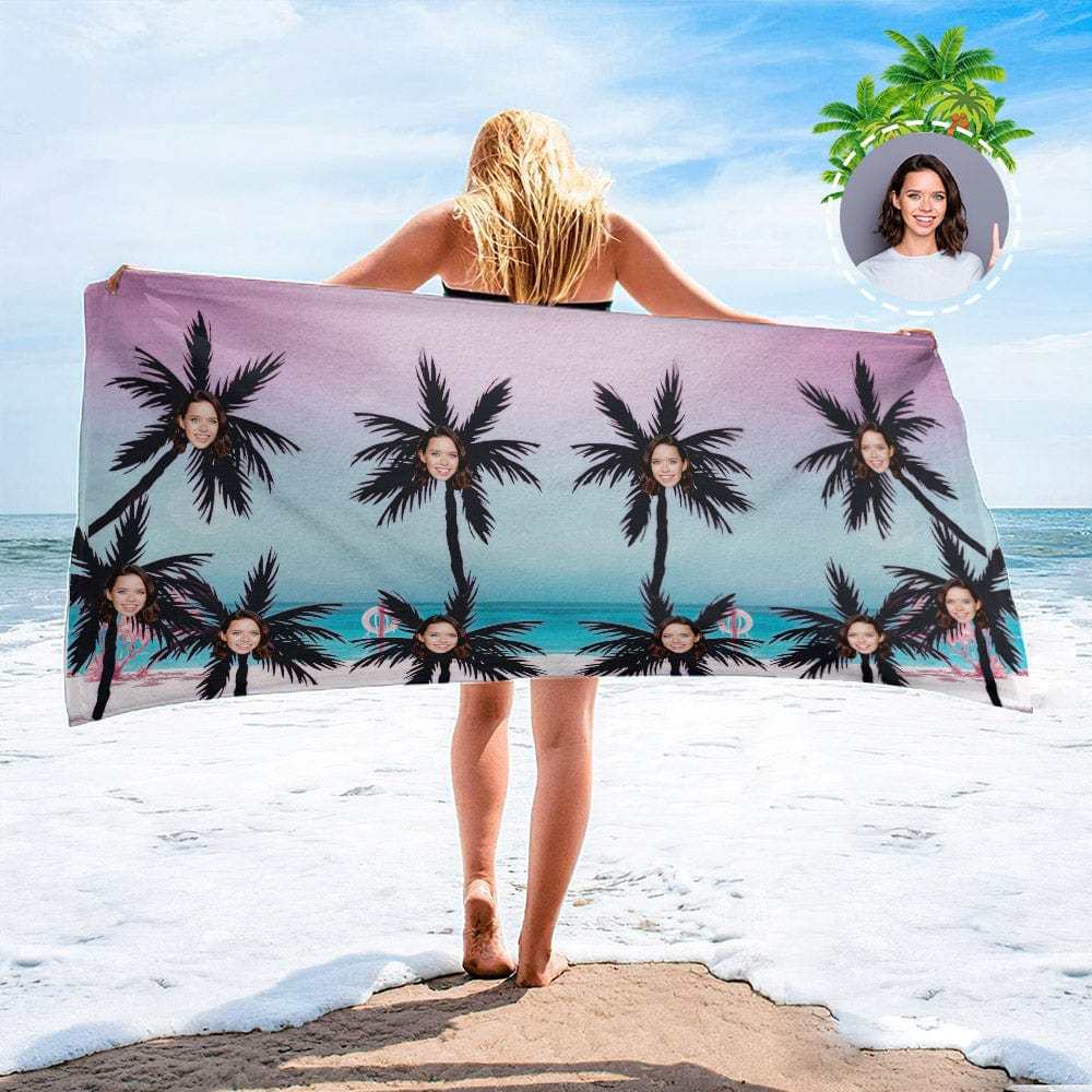 Personalized Beach Towels with Photo Custom Sunset and Coconut Trees Beach Towel - MyFaceBoxer