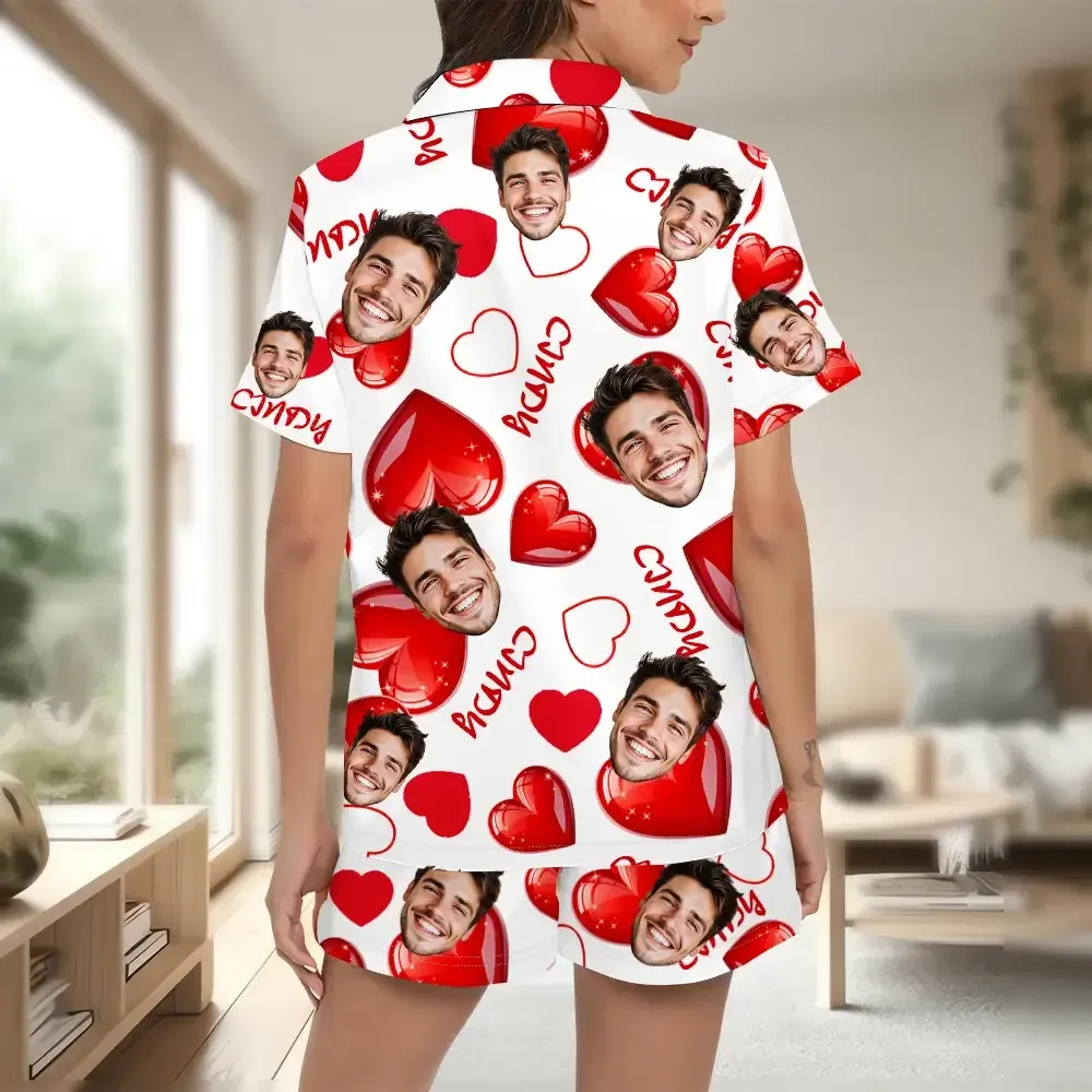 Custom Short Sleeve Pajama Bright Pink Base with 3D Red Hearts and Lips Prints Valentine's Day Gift for Her - MyfaceboxerAU